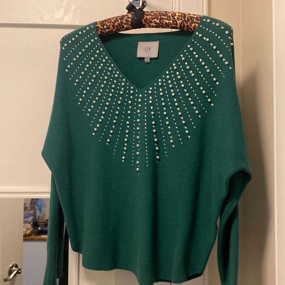 Liv Milano Green Pearl Rhinestone Embellished Sweater